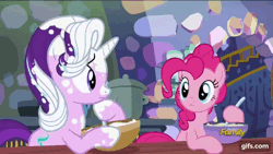 Size: 640x360 | Tagged: safe, derpibooru import, screencap, pinkie pie, starlight glimmer, earth pony, pony, unicorn, every little thing she does, animated, apologetic, bipedal, blushing, bowl, cake, cute, diapinkes, female, flour, food, forgiveness, frown, gif, gifs.com, glimmerbetes, grin, hoof on chin, indoors, laughing, mare, smiling, spoon, twilight's castle