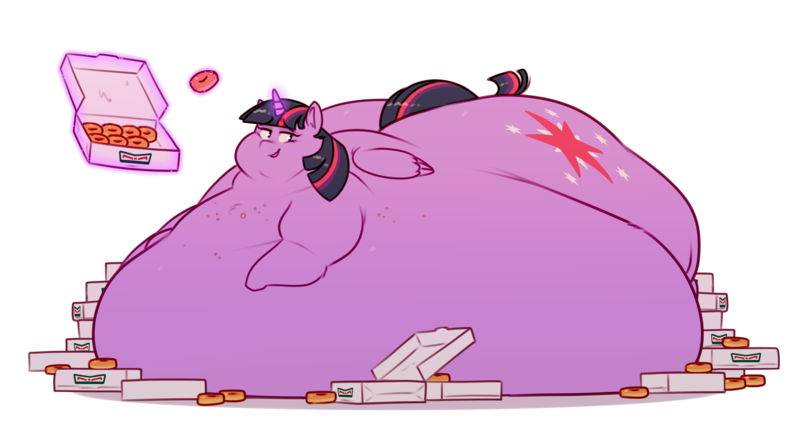 Size: 3000x1600 | Tagged: questionable, artist:secretgoombaman12345, derpibooru import, twilight sparkle, twilight sparkle (alicorn), alicorn, pony, ass, bedroom eyes, belly, belly bed, big belly, blob, chubby cheeks, crumbs, donut, double chin, fat, female, food, glowing horn, huge butt, immobile, impossibly large belly, impossibly large butt, kitchen eyes, krispy kreme, large butt, magic, morbidly obese, obese, solo, solo female, telekinesis, the ass was fat, twibutt, twilard sparkle, twilight has a big ass