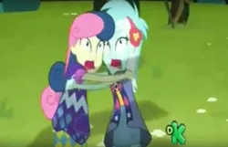 Size: 1010x652 | Tagged: safe, derpibooru import, screencap, bon bon, lyra heartstrings, sweetie drops, equestria girls, legend of everfree, camp fashion show outfit, discovery kids, scared