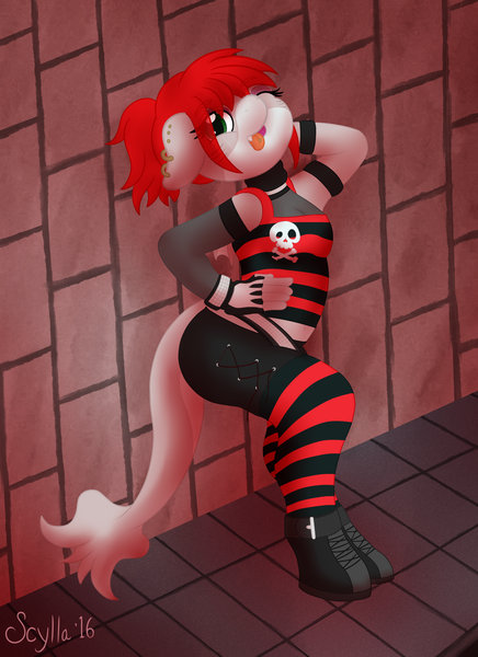 Size: 2178x3000 | Tagged: safe, artist:scylla the kelpie, derpibooru import, oc, unofficial characters only, kelpie, original species, shark pony, boots, clothes, collar, ear piercing, earring, female, fin, fin wings, fishnet clothing, fishnets, goth, gothic, jewelry, mare, outfit, piercing, punk, shirt, socks, solo, striped socks, tail, tongue out, tongue piercing