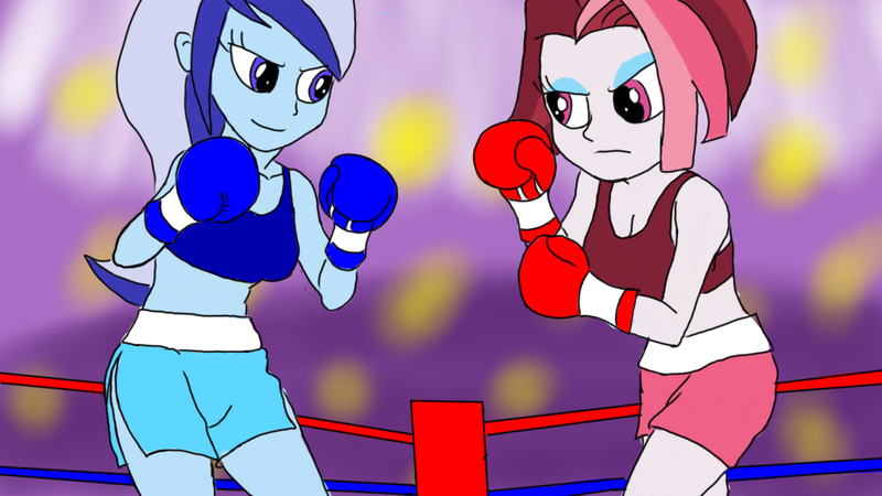 Size: 1280x720 | Tagged: safe, artist:toyminator900, derpibooru import, cayenne, minuette, equestria girls, boxing, boxing gloves, boxing ring, breasts, cleavage, clothes, equestria girls-ified, female, midriff, sports bra