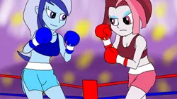 Size: 1280x720 | Tagged: safe, artist:toyminator900, derpibooru import, cayenne, minuette, equestria girls, boxing, boxing gloves, boxing ring, breasts, cleavage, clothes, equestria girls-ified, female, midriff, sports bra