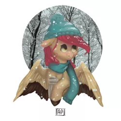 Size: 2480x2480 | Tagged: safe, artist:domidelance, derpibooru import, oc, unofficial characters only, pegasus, pony, clothes, floppy ears, hat, head turn, looking away, looking up, scarf, snow, snowfall, solo, spread wings, wings, winter