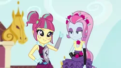 Size: 1280x718 | Tagged: safe, artist:aqua-pony, artist:themexicanpunisher, derpibooru import, edit, edited screencap, screencap, sour sweet, violet blurr, equestria girls, friendship games, archery, clothes, duo, freckles, gloves, thumbs up, unamused