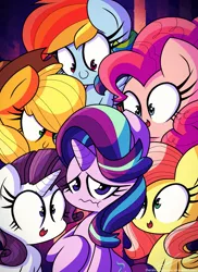 Size: 1600x2200 | Tagged: applejack, artist:therandomjoyrider, cowboy hat, derpibooru import, every little thing she does, fiducia compellia, fluttershy, hat, hypnosis, hypnotized, open mouth, pinkie pie, rainbow dash, rarity, safe, starlight glimmer, stetson, wavy mouth