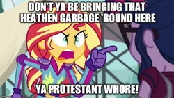 Size: 800x450 | Tagged: safe, derpibooru import, edit, edited screencap, screencap, sci-twi, sunset shimmer, twilight sparkle, equestria girls, friendship games, caption, exploitable meme, image macro, meme, politically incorrect, religion, sunset yells at twilight, vulgar