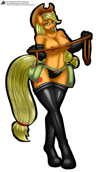 Size: 2200x3600 | Tagged: anthro, applejack, artist:xdiegosilvax, bedroom eyes, belly button, belt, black underwear, breasts, busty applejack, clothes, derpibooru import, evening gloves, female, fireproof boots, gloves, lasso, latex, looking at you, nipples, nudity, questionable, saddle bag, signature, solo, solo female, strategically covered, thigh boots, topless, underwear, unguligrade anthro
