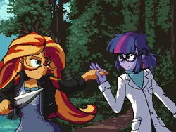 Size: 360x270 | Tagged: safe, artist:zedotagger, derpibooru import, sci-twi, sunset shimmer, twilight sparkle, equestria girls, clothes, fanfic art, female, forest, lab coat, lesbian, pixel art, scitwishimmer, shipping, spear, sunsetsparkle, weapon