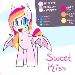 Size: 2000x2000 | Tagged: safe, artist:p0n1es, derpibooru import, oc, oc:sweet kiss, unofficial characters only, bat pony, pony, cute little fangs, fangs, reference sheet, solo