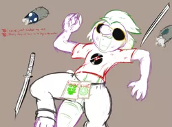 Size: 900x666 | Tagged: artist:frist44, belly button, broken sword, clothes, cosplay, costume, crossover, dave strider, derpibooru import, homestuck, implied shining armor, katana, plushie, safe, smarty pants, solo, spike, sword, weapon