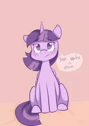 Size: 2128x3000 | Tagged: safe, artist:shyamette, derpibooru import, twilight sparkle, twilight sparkle (alicorn), alicorn, pony, blushing, dialogue, female, insult, looking at you, mare, simple background, sitting, solo, waifu, your waifu is trash