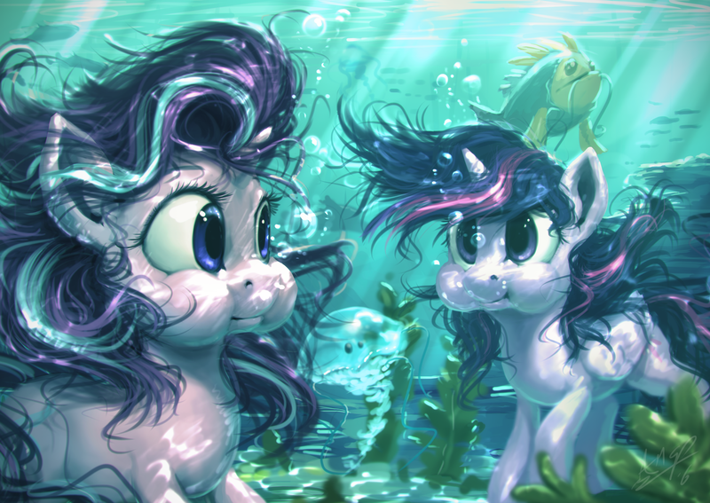 Size: 1920x1360 | Tagged: safe, artist:assasinmonkey, derpibooru import, starlight glimmer, twilight sparkle, twilight sparkle (alicorn), alicorn, fish, jellyfish, pony, every little thing she does, :t, crepuscular rays, cute, duo, duo female, female, holding breath, puffy cheeks, scene interpretation, smiling, teacher and student, underwater, water, wet mane