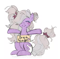 Size: 648x638 | Tagged: safe, artist:skutchi, derpibooru import, oc, oc:siu, unofficial characters only, earth pony, pony, blushing, eyes closed, female, free hugs, hair bow, hair over one eye, heart, hug, implied cum, makeup, sitting, smiling, solo, tumblr