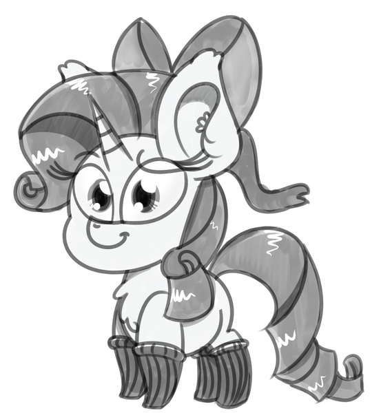 Size: 882x985 | Tagged: safe, artist:pastelhorses, derpibooru import, rarity, pony, unicorn, black and white, bow, chest fluff, chibi, clothes, cute, ear fluff, ear tufts, female, fluffy, grayscale, hair bow, looking at you, mare, monochrome, raribetes, simple background, smiling, smol, socks, solo, striped socks, white background, wide eyes