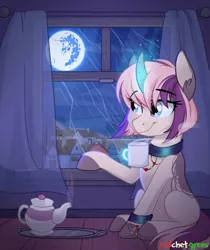 Size: 1000x1190 | Tagged: safe, artist:redchetgreen, derpibooru import, oc, unofficial characters only, pony, unicorn, bracelet, collar, curved horn, jewelry, levitation, magic, mare in the moon, moon, night, rain, scenery, solo, telekinesis, town, window