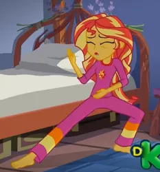 Size: 536x576 | Tagged: safe, derpibooru import, screencap, sunset shimmer, equestria girls, legend of everfree, barefoot, cropped, discovery kids, drool, drool string, feet, kung fu shimmer, legend of everfeet, solo, tired