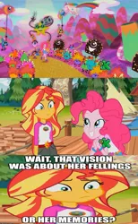 Size: 720x1168 | Tagged: safe, derpibooru import, edit, edited screencap, screencap, pinkie pie, sunset shimmer, equestria girls, legend of everfree, discovery kids, image macro, meme, misspelling, sunset sees things, wrong aspect ratio