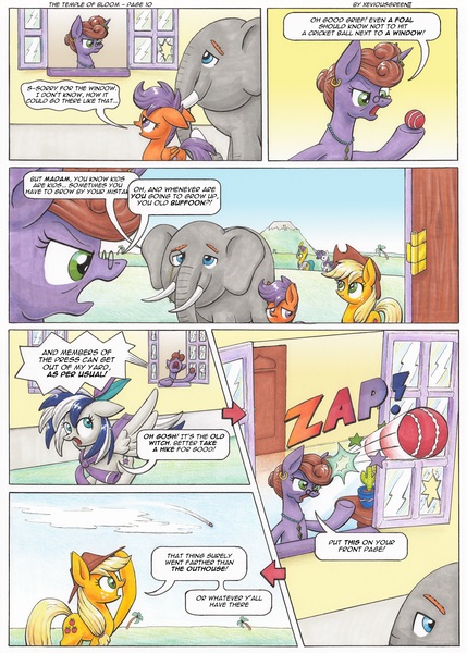 Size: 3490x4885 | Tagged: applejack, artist:xeviousgreenii, comic, comic:the temple of bloom, cricket, derpibooru import, elephant, oc, oc:lucky stellar, oc:trunkington, oc:zircon glaze, safe, scootaloo, scootaloo will show us games to play