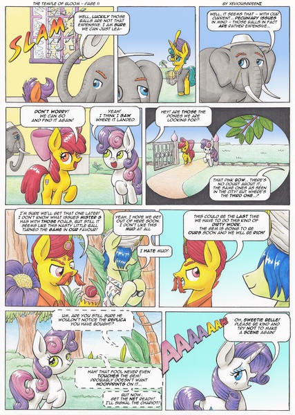 Size: 3485x4900 | Tagged: safe, artist:xeviousgreenii, derpibooru import, apple bloom, rarity, sweetie belle, oc, oc:trunkington, oc:zircon glaze, elephant, comic:the temple of bloom, comic, cutie mark, monocle, the cmc's cutie marks