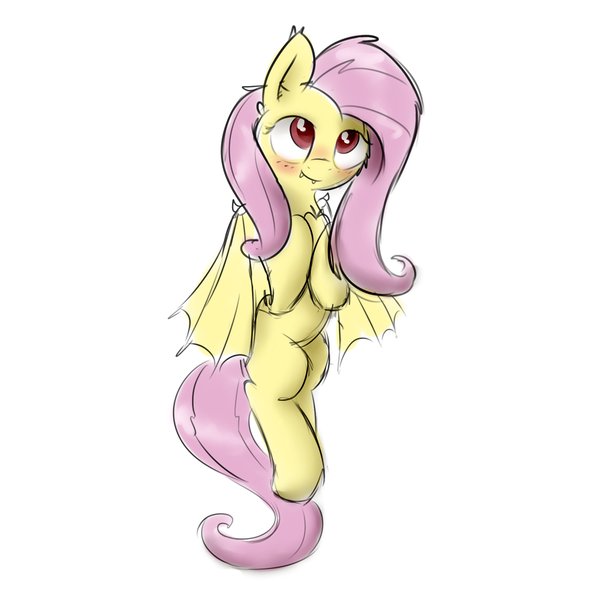 Size: 1500x1500 | Tagged: safe, artist:pucksterv, derpibooru import, fluttershy, bat pony, pony, apple, cute, flutterbat, food, holding, looking up, race swap, shyabates, shyabetes, simple background, solo, white background