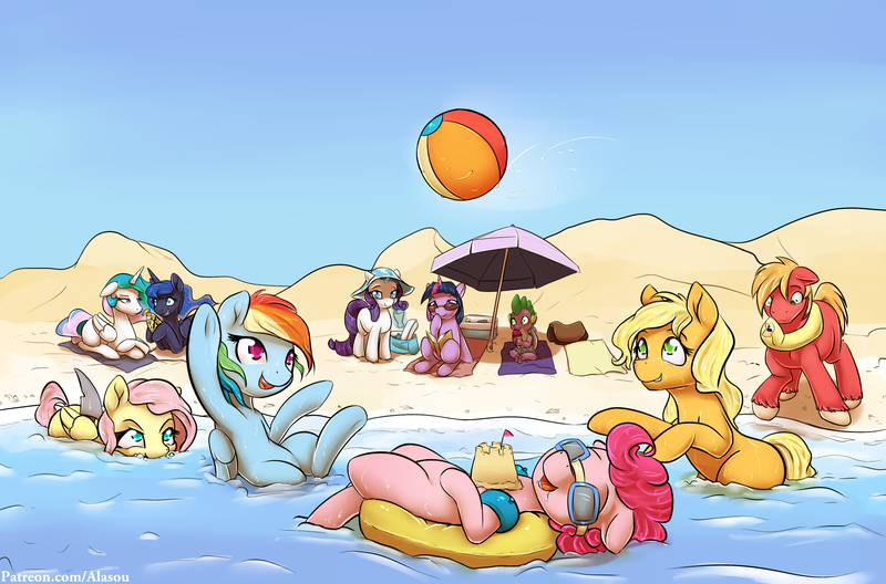 Size: 2000x1321 | Tagged: safe, artist:alasou, deleted from derpibooru, derpibooru import, applejack, big macintosh, fluttershy, pinkie pie, princess celestia, princess luna, rainbow dash, rarity, spike, twilight sparkle, alicorn, dragon, duck, earth pony, pony, shark, shark pony, ball, beach, beach ball, beach umbrella, book, celestia is not amused, colored pupils, cute, drool, drool string, female, floatie, fluttershark, food, ice cream, inner tube, male, mane seven, mane six, mare, missing accessory, missing cutie mark, nap, prank, prankstershy, prone, sand, sand castle, shark fin, shyabetes, sleeping, stallion, sunglasses, sunscreen, umbrella, unamused, water