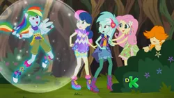 Size: 1366x768 | Tagged: safe, derpibooru import, screencap, bon bon, fluttershy, lyra heartstrings, rainbow dash, sweetie drops, valhallen, equestria girls, legend of everfree, camp fashion show outfit, clothes, converse, discovery kids, female, male, shoes, sneakers