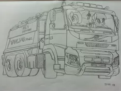 Size: 3264x2448 | Tagged: artist:orang111, car, derpibooru import, dreamcatcher, driving, dump truck, gps, limestone pie, marble pie, monochrome, safe, traditional art, truck, volvo, volvo fmx