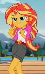 Size: 628x1028 | Tagged: safe, derpibooru import, screencap, sunset shimmer, equestria girls, legend of everfree, camp everfree outfits, clothes, cropped, embrace the magic, sexy, shorts, solo