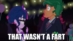 Size: 1366x768 | Tagged: safe, derpibooru import, edit, edited screencap, screencap, gloriosa daisy, sci-twi, timber spruce, twilight sparkle, equestria girls, legend of everfree, caption, discovery kids, faic, image macro, implied sharting, meme, that wasn't a fart