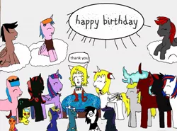 Size: 1299x963 | Tagged: safe, artist:ask-luciavampire, derpibooru import, oc, unofficial characters only, alicorn, pegasus, pony, unicorn, vampire, vampony, tumblr:ask-luciavampire, alicorn oc, banner, beret, birthday, birthday cake, birthday candles, cake, food, happy birthday, hat, sitting, tumblr