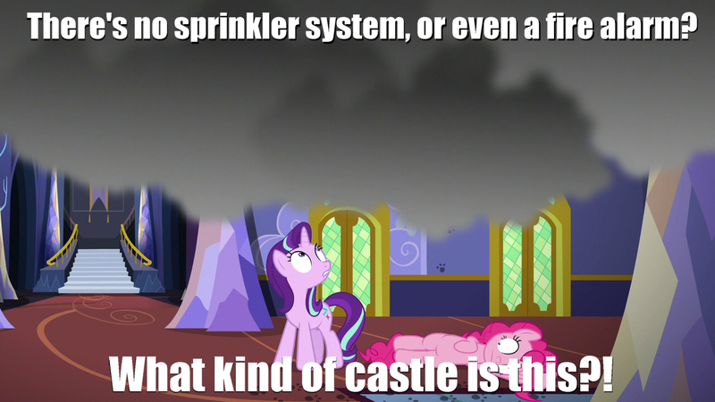 Size: 1280x720 | Tagged: caption, derpibooru import, edit, edited screencap, every little thing she does, fire alarm, pinkie pie, safe, safety violation, screencap, smoke, starlight glimmer