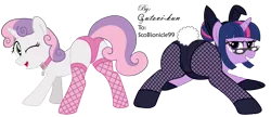 Size: 3854x1667 | Tagged: suggestive, artist:gutovi, derpibooru import, sweetie belle, twilight sparkle, pony, unicorn, bedroom eyes, blank flank, bunny suit, clothes, collar, duo, duo female, female, females only, fishnets, gift art, glasses, grin, heart eyes, older, one eye closed, panties, pet tag, pink underwear, plot, presenting, simple background, smiling, transparent background, underwear, wingding eyes, wink