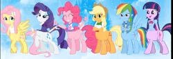 Size: 1296x442 | Tagged: safe, derpibooru import, applejack, fluttershy, pinkie pie, rainbow dash, rarity, twilight sparkle, twilight sparkle (alicorn), centaur, equestria girls, abomination, centaur twilight, centaurdash, centaurjack, centaurshy, eyes closed, female, mane six, wat, youtube