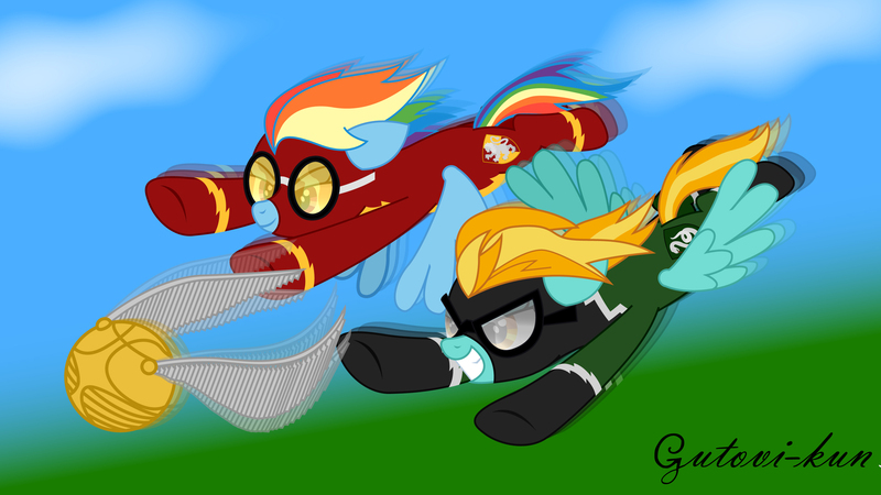 Size: 2846x1600 | Tagged: safe, artist:gutovi, derpibooru import, lightning dust, rainbow dash, pegasus, pony, clothes, competition, crossover, duo, flight suit, goggles, golden snitch, gryffindor, harry potter, quidditch, signature, slytherin