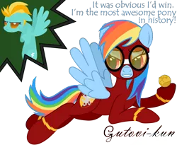 Size: 2917x2396 | Tagged: safe, artist:gutovi, derpibooru import, lightning dust, rainbow dash, pegasus, pony, bragging, clothes, crossover, dialogue, flight suit, goggles, golden snitch, grumpy, gryffindor, harry potter, quidditch, signature, simple background, transparent background