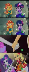 Size: 790x1911 | Tagged: safe, derpibooru import, edit, edited screencap, screencap, applejack, rarity, sci-twi, sunset shimmer, twilight sparkle, equestria girls, legend of everfree, alternate costumes, alternate hairstyle, blushing, discovery kids, forced meme, holding hands, meme, shipping fuel, the rainbooms