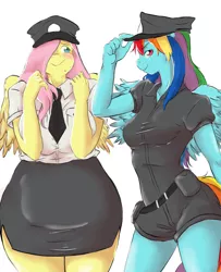 Size: 4300x5300 | Tagged: absurd resolution, anthro, artist:chango-tan, blushing, breasts, busty fluttershy, busty rainbow dash, clothes, costume, derpibooru import, female, fluttershy, police, police uniform, rainbow dash, simple background, suggestive, white background, wide hips