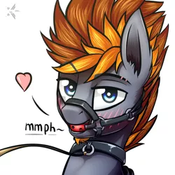 Size: 1000x1000 | Tagged: suggestive, artist:justafallingstar, derpibooru import, oc, oc:starfall spark, unofficial characters only, pony, augmentation, ballgag, bdsm, blushing, bondage, bust, collar, gag, leash, looking at you, male, malesub, portrait, solo, solo male, stallion, submissive