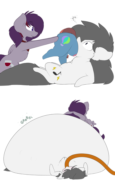 Size: 1280x2068 | Tagged: artist:nom-sympony, belly, belly bed, derpibooru import, fat, feedee, feeder, feeding tube, fetish, force feeding, immobile, impossibly large belly, inflation, morbidly obese, obese, oc, oc:anonopony, oc:cirrus tail, oc:pepci, questionable, stomach noise, stuffing, unofficial characters only, vore