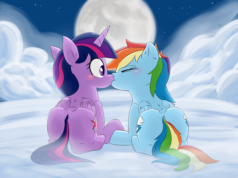 Size: 2000x1500 | Tagged: safe, artist:gamijack, derpibooru import, rainbow dash, twilight sparkle, twilight sparkle (alicorn), alicorn, pony, blushing, both cutie marks, cloud, eyes closed, female, kissing, lesbian, mare, moon, plot, prone, rainbutt dash, shipping, the ass was fat, twibutt, twidash, wide eyes