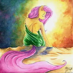 Size: 1520x1528 | Tagged: anthro, artistic nudity, artist:mannybcadavera, blanket, derpibooru import, eyes closed, fluttershy, head turn, morning, rear view, safe, sitting, solo, traditional art, watercolor painting