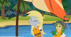 Size: 1362x721 | Tagged: safe, derpibooru import, screencap, derpy hooves, sandalwood, equestria girls, legend of everfree, background human, boat, discovery kids, faic, not what it looks like, sailing