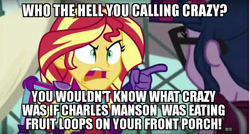 Size: 800x429 | Tagged: safe, derpibooru import, edit, edited screencap, screencap, sci-twi, sunset shimmer, twilight sparkle, equestria girls, caption, charles manson, exploitable meme, fruit loops, image macro, meme, metal, suicidal tendencies, sunset yells at twilight