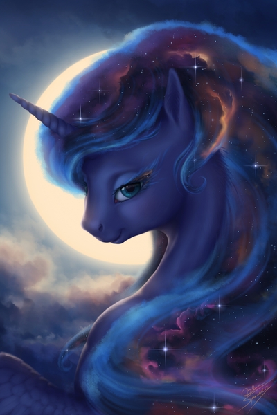 Size: 2480x3720 | Tagged: artist:bluespaceling, cloud, derpibooru import, galaxy mane, moon, princess luna, safe, smiling, solo