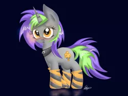 Size: 1600x1198 | Tagged: safe, artist:bbp, derpibooru import, oc, oc:frenzy nuke, unofficial characters only, pony, unicorn, blushing, clothes, collar, socks, striped socks