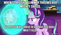 Size: 800x461 | Tagged: captain america, caption, derpibooru import, edit, edited screencap, every little thing she does, image macro, magic, marvel superheroes, meme, safe, screencap, shield, starlight glimmer