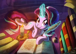 Size: 2500x1767 | Tagged: safe, artist:light262, derpibooru import, starlight glimmer, pony, unicorn, every little thing she does, book, candle, curved horn, cute, feather, female, fluffy, glimmerbetes, ink, levitation, looking at you, magic, mare, pen, quill, romantic, solo, sweet dreams fuel, telekinesis