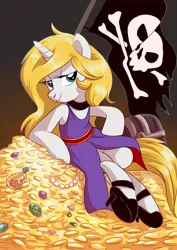 Size: 2480x3507 | Tagged: safe, artist:yulyeen, derpibooru import, oc, oc:janet, unofficial characters only, pony, unicorn, bonne jenet, clothes, coin, dress, flag, garou: mark of the wolves, high heels, pirate, sitting, solo, treasure, treasure chest