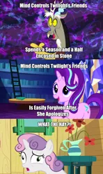Size: 1280x2160 | Tagged: caption, derpibooru import, discord, drama, drama bait, edit, edited screencap, every little thing she does, image macro, logic, meme, safe, screencap, starlight drama, starlight glimmer, sweetie belle, the fault in our cutie marks