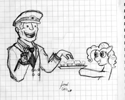 Size: 900x725 | Tagged: artist:gamalcasis, call of duty, call of duty zombies, cupcake, derpibooru import, drawing, edward richtofen, food, monochrome, nazi, pinkie pie, safe, signature, sketch, traditional art
